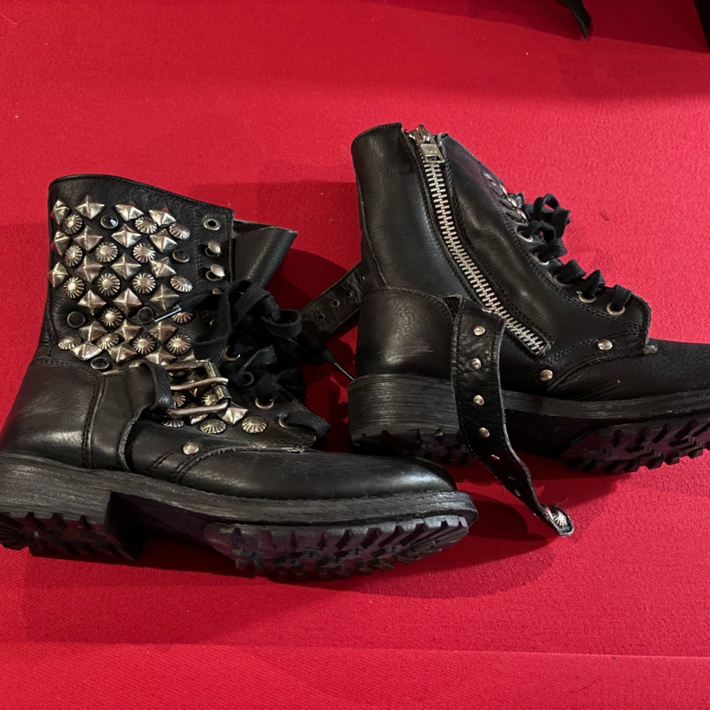 Studded Black Leather Combat Boots - Women's